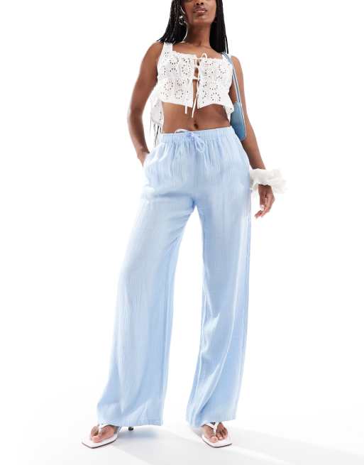Stradivarius linen look pull on crinkle trouser in blue