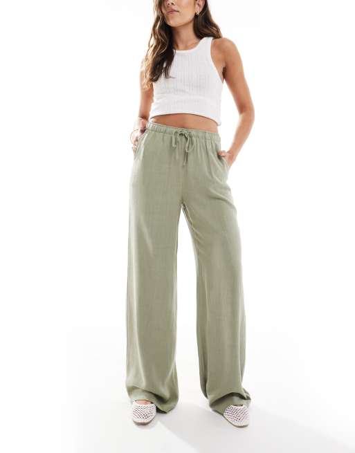 Stradivarius linen look pull on trouser in khaki