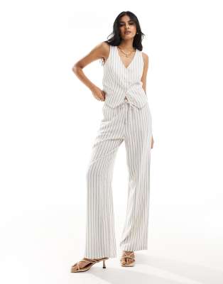 Stradivarius Linen Look Pull On Trouser In Natural Stripe-Neutral