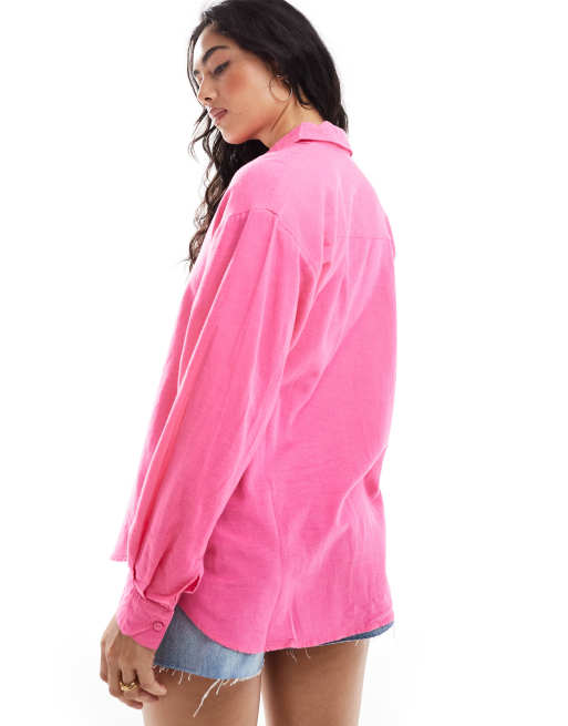 Stradivarius linen look relaxed shirt in bright pink, 4 of 4