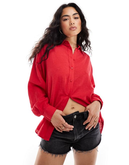Stradivarius linen look relaxed shirt in red