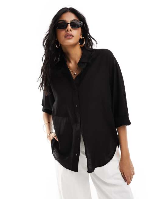 Stradivarius linen look shirt in black | ASOS