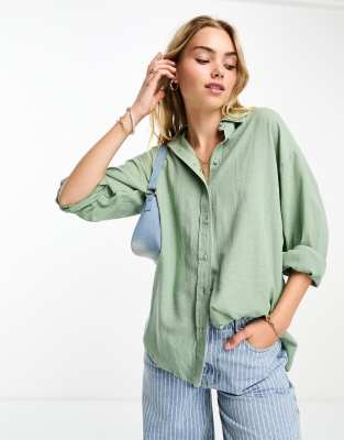 Stradivarius linen look shirt in sage