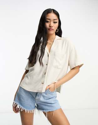 Stradivarius Linen Look Short Sleeve Boxy Shirt In Natural-neutral