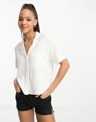 Stradivarius Linen Look Short Sleeve Boxy Shirt In Natural-neutral In White