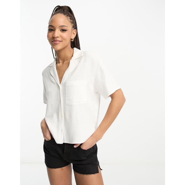 Blanc Linen Short Sleeve Crop Shirt, Ivory, Tops