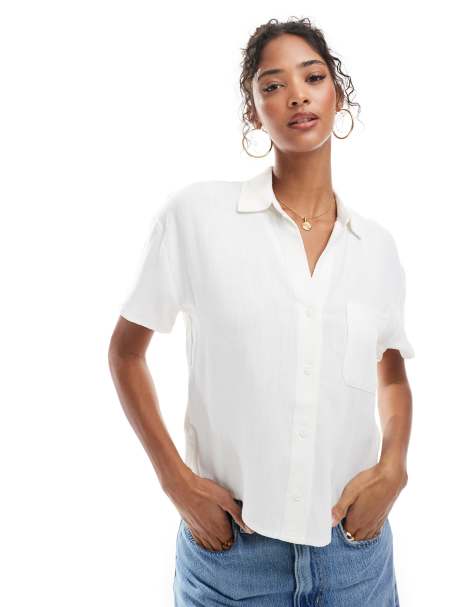 Stradivarius linen look short sleeve shirt in white - view 1