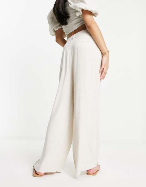 Solid Color Cotton Linen Wide Leg Pants for Women Buckle High