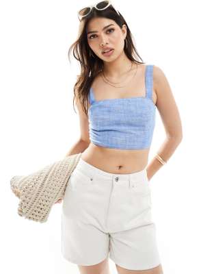 Stradivarius Linen Look Square Neck Cami Top In Blue