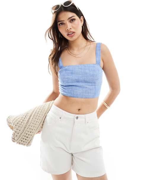 Stradivarius linen look square neck cami top in blue - view 1