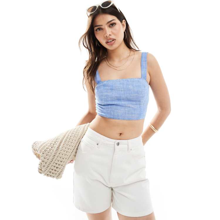 Stradivarius linen look square neck cami top in blue | ASOS