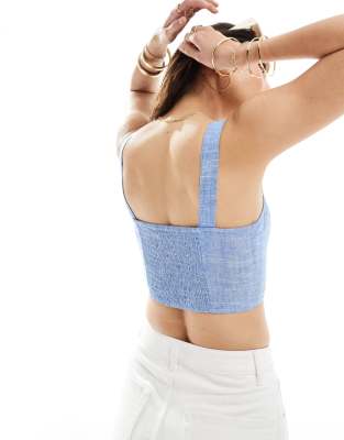 stradivarius linen look square neck cami top in blue