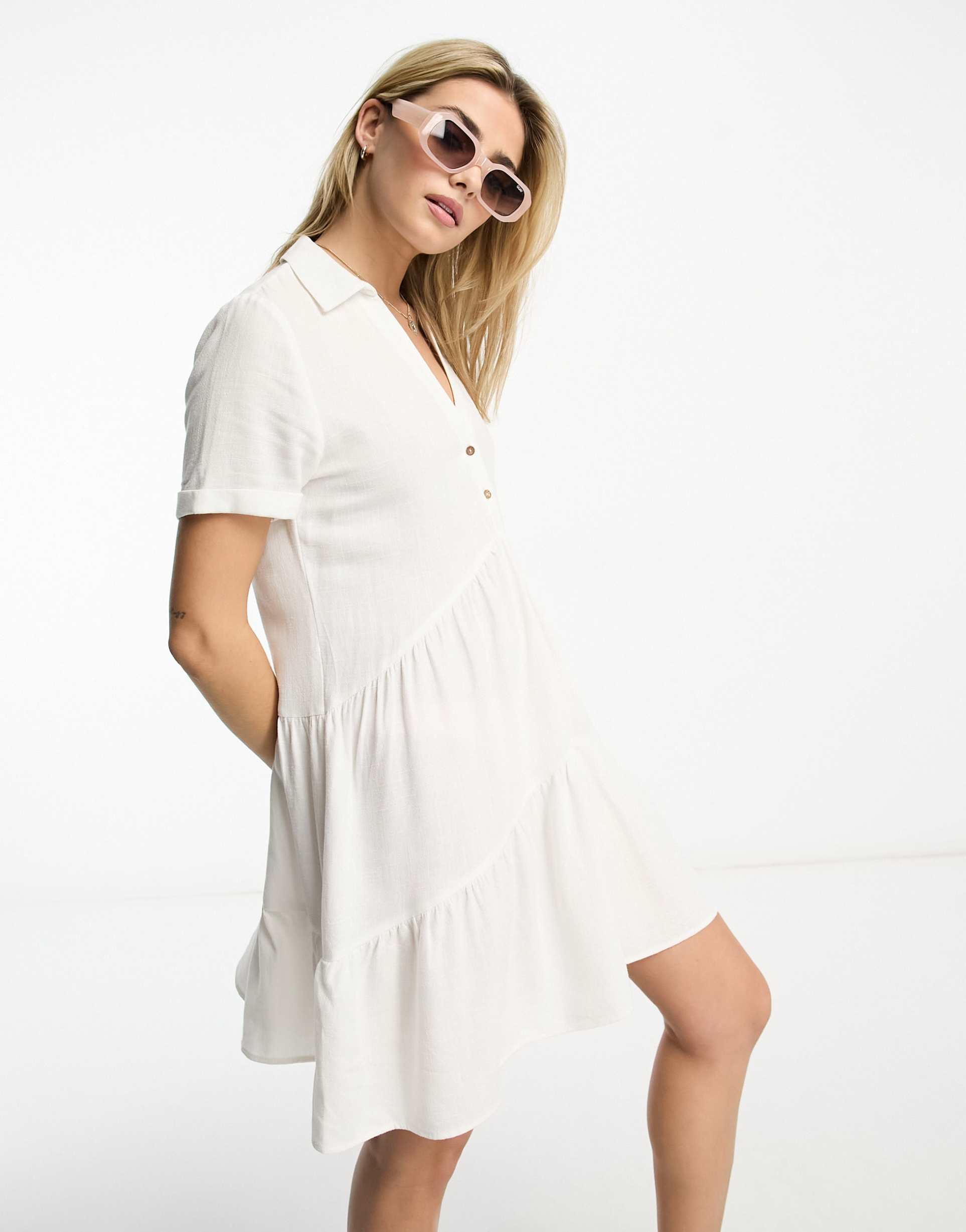 stradivarius linen look tiered shirt mini dress in white