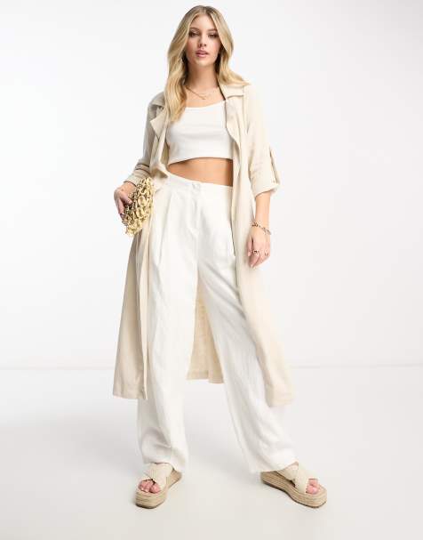 Stradivarius linen look trench coat in natural - view 1
