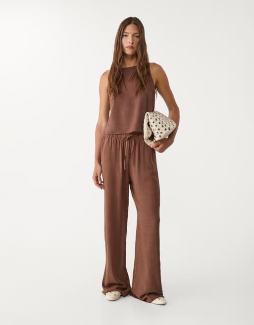 Stradivarius linen look trouser in brown