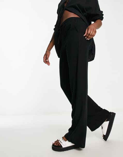 Stradivarius linen look trouser with drawstring in black - view 1
