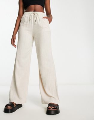 Only high waisted wide leg linen trousers in beige