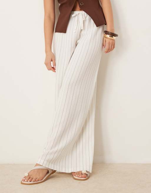 Stradivarius linen look wide leg pants in ecru stripe, 5 of 5