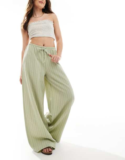 Stradivarius linen look wide leg pants in khaki green stripe - view 1