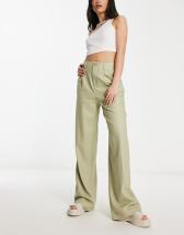 Stradivarius Petite linen look wide leg pants in natural