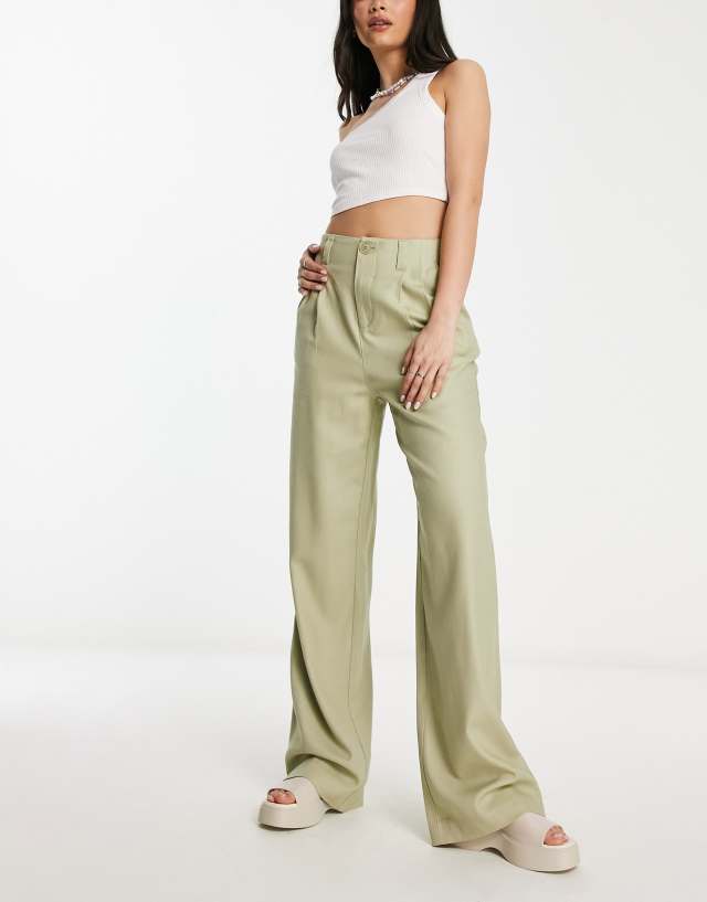 Stradivarius linen look wide leg pants in khaki