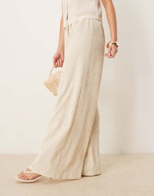 Stradivarius linen look wide leg pants in beige stripe