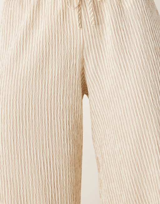 Stradivarius linen look wide leg pants in beige stripe