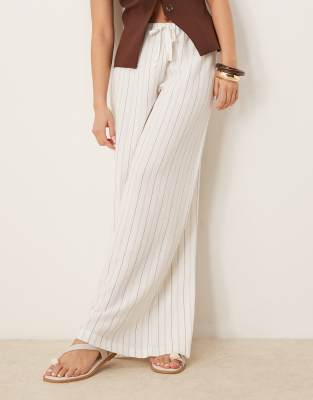 Stradivarius linen look wide leg trouser in ecru stripe