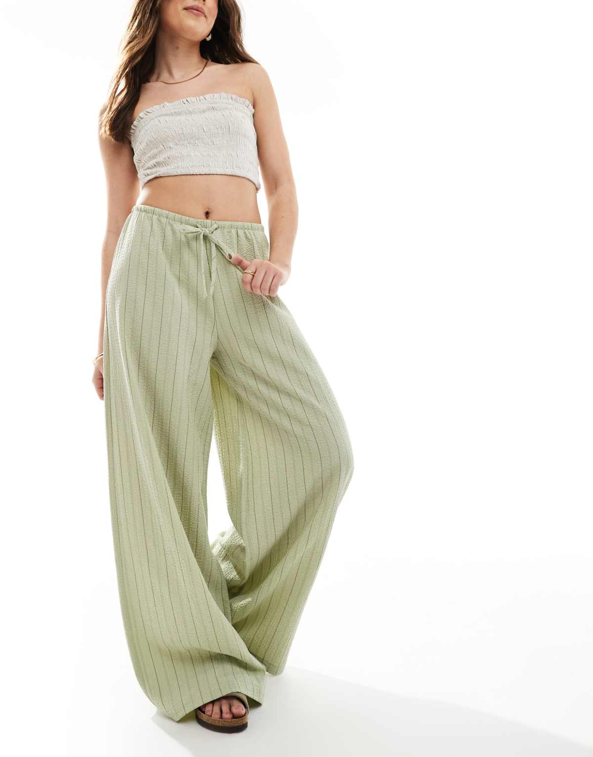 Stradivarius linen look wide leg trouser in khaki stripe