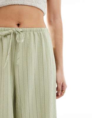 Stradivarius linen look wide leg trouser in khaki stripe