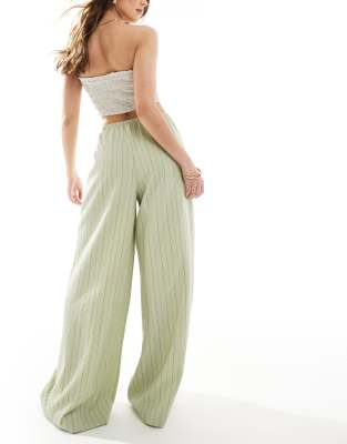 Stradivarius linen look wide leg trouser in khaki stripe