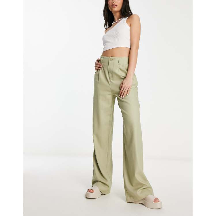 Stradivarius linen look wide leg trouser in khaki ASOS