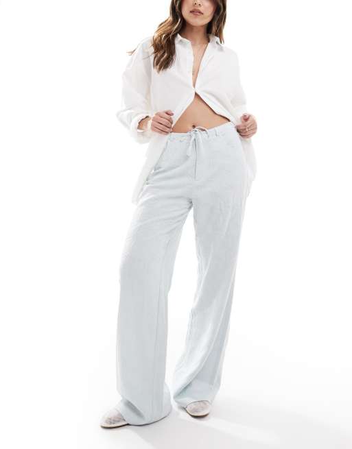 Stradivarius linen mix embroidery detail pants in blue