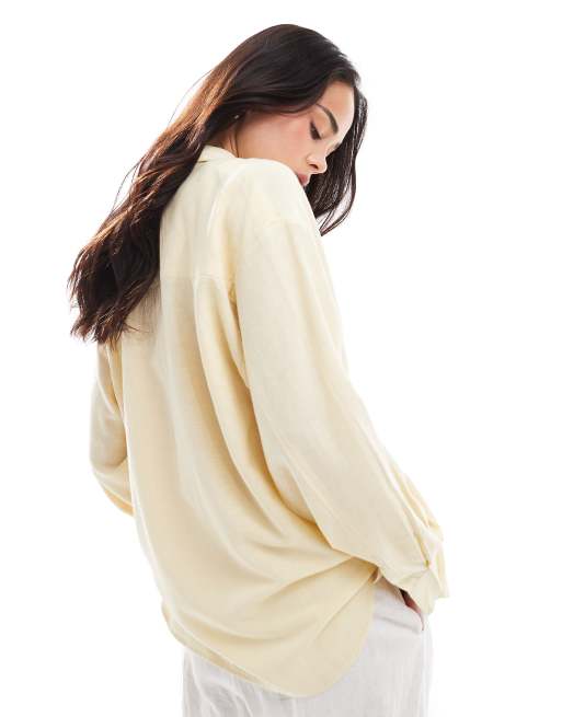 Stradivarius linen mix long sleeve shirt in buttermilk