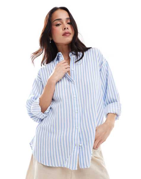 Stradivarius linen mix long sleeve shirt in light blue stripe - view 1