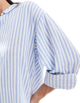 Stradivarius linen look long sleeve shirt in light blue stripe