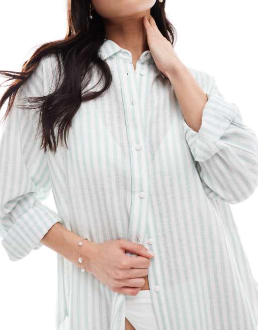 Stradivarius linen mix long sleeve shirt in sage green stripe