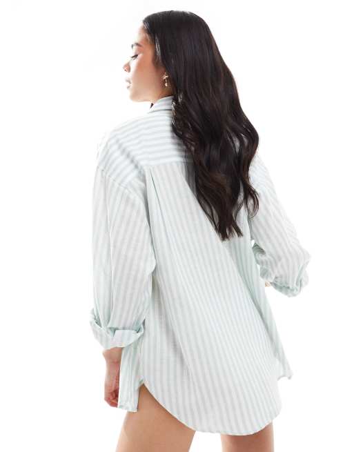 Stradivarius linen mix long sleeve shirt in sage green stripe