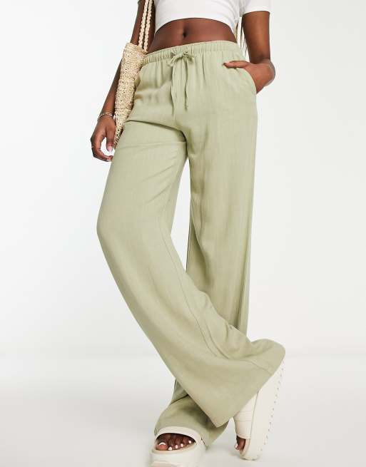 Stradivarius linen mix pants with drawstring in khaki