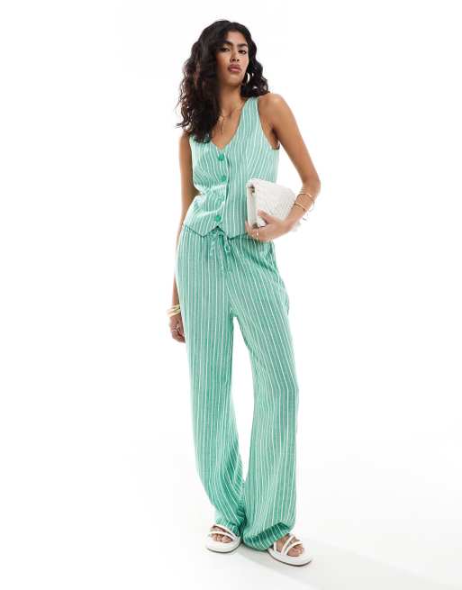 Stradivarius linen mix pull on pants in green stripe (part of a set)