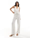 [Stradivarius] Stradivarius linen mix pull on pants in natural stripe-Neutral XL BEIGE