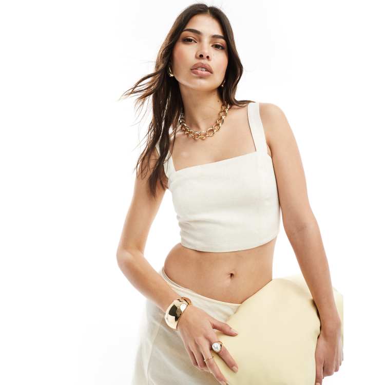 Stradivarius linen mix square neck cami top in stone | ASOS