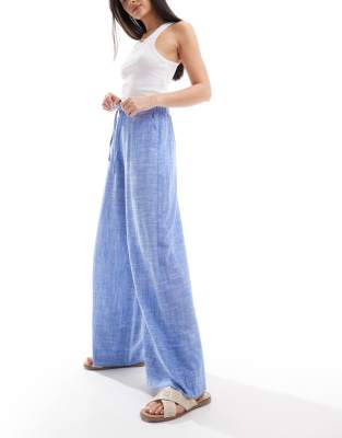 Stradivarius Linen Mix Super Wide Leg Pants In Chambray Blue