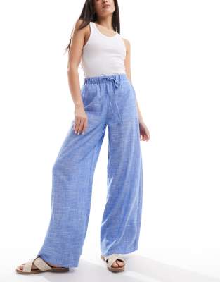 Stradivarius linen mix super wide leg pants in chambray blue