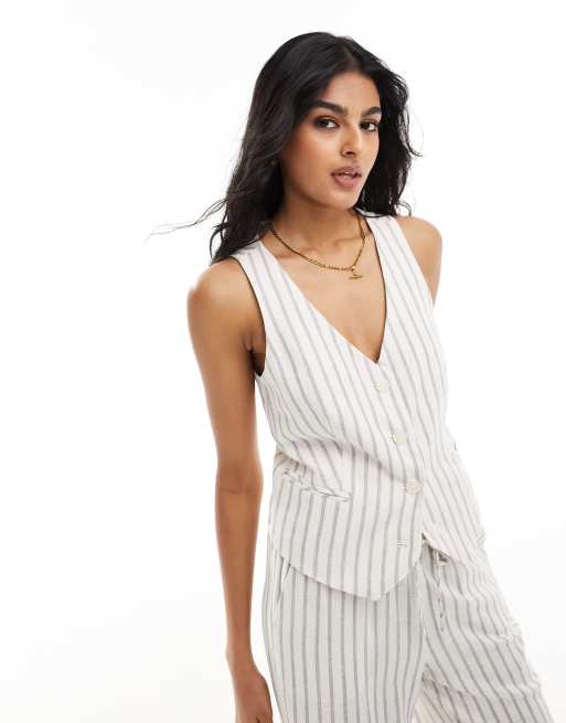 Stradivarius linen mix waistcoat in natural stripe 