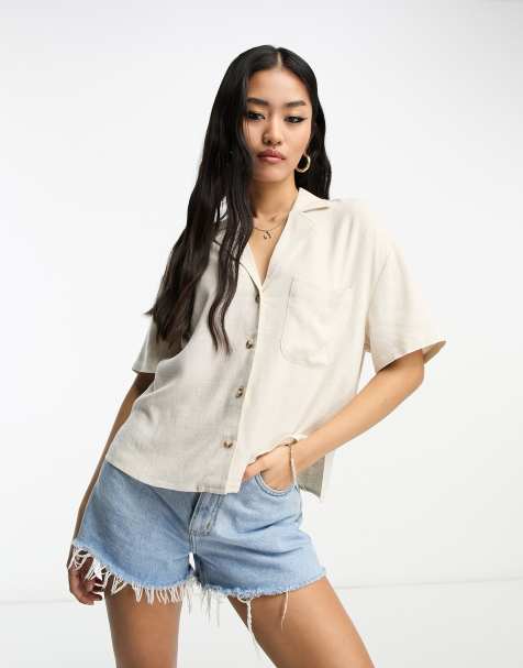 Stradivarius linen short sleeve boxy shirt in natural - view 1
