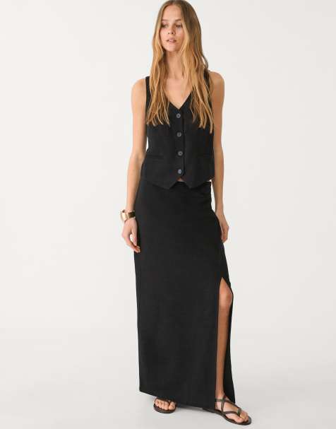 Stradivarius linen split side midi skirt in black - view 1