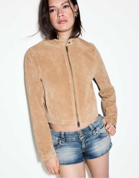 Stradivarius – Ljusbeige bikerjacka i 100% läder - view 1