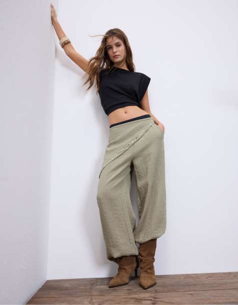 Stradivarius – Ljusbeige, vida byxor med scarf - view 1