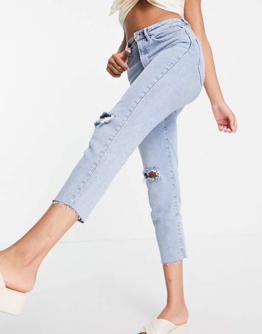 Stradivarius – Ljusblå, smala mom jeans i bomull med stretch och revor i kort modell - MBLUE, 4 av 4